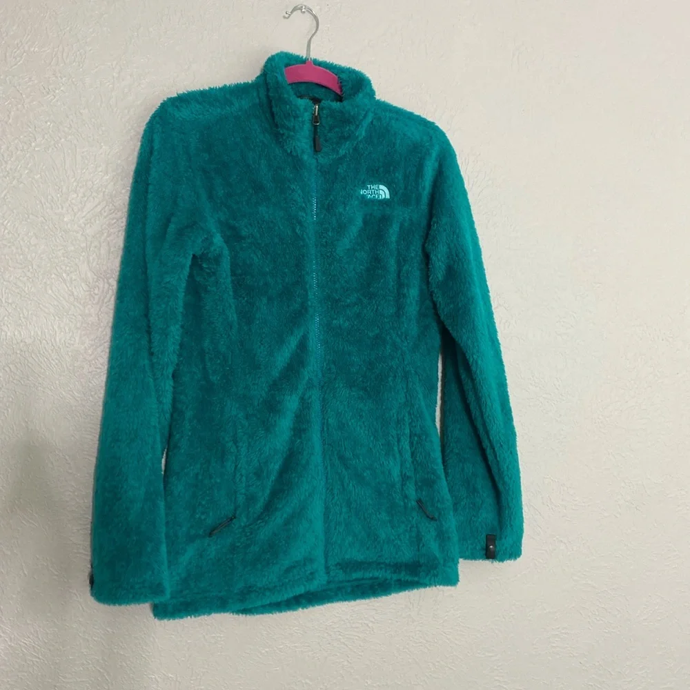The north face teal green fuzzy soft fleece faux Sherpa zip up jacket s - Picture 13 of 15